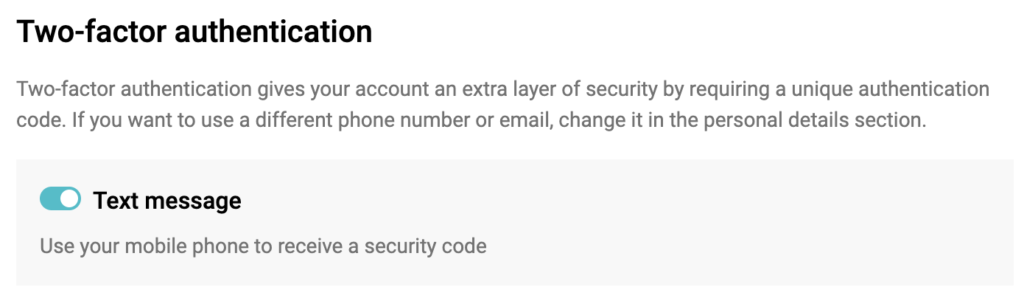Switching on 2FA via SMS